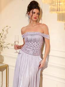 Elegant Women's Light Purple, Heavy Beaded Embroidery, Off-Shoulder Long Evening Dress - Mauve Purple - View 11