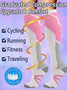 Women's Knee-High Compression Socks, Fun Back-To-School Season Socks, Graduated Compression Anti-Slip Breathable, Suitable For Running, Travel, Hiking, Daily Wear - Coral Pink - View 3
