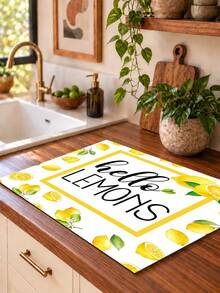 1pc Yellow Lemon Letter Pattern Dish Drying Mat, Fresh Summer Pastoral Style, Quick-Drying Absorbent Material, Fruit Text Print Design, Non-Slip Surface Protection, Suitable For Daily Kitchen, Dish Drying, Home Gatherings And Home Decor - Multicolor - View 4