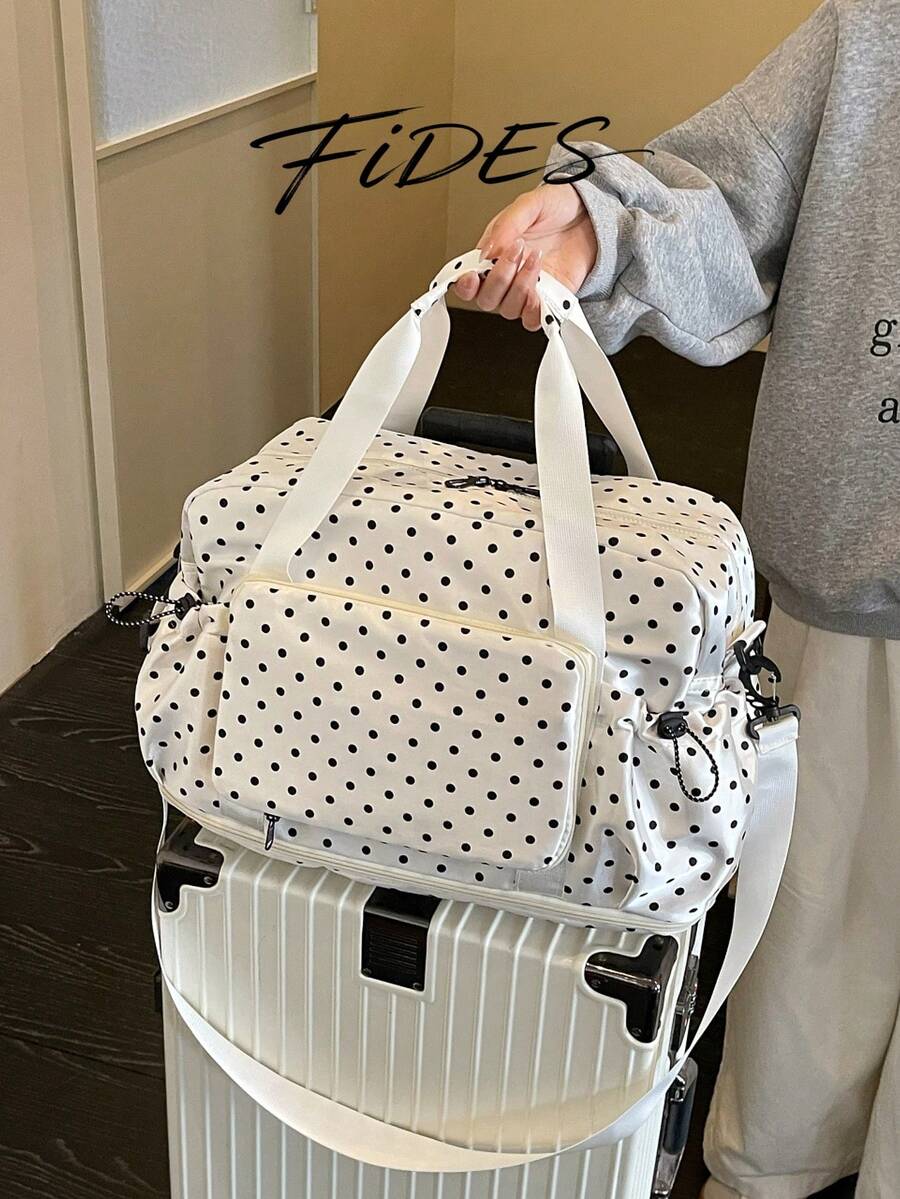 1PC New Women's Polka Dot Handheld Travel Bag, Durable Fabric With Front Storage Pocket, Expandable Design, Shoulder Strap, Luggage Trolley Attachment, Large Capacity, Suitable For Short Trips, Maternity, Fitness, Versatile Luggage Bag