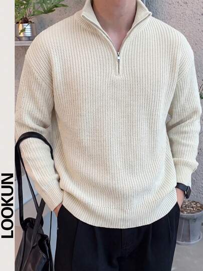 Lookun Sonbahar/Kış Yeni Uzun Kollu Örme Minimalist Stil Piko Doku İş Yeri ve Günlük Kullanım İçin Yakalı Fermuarlı Düşük Omuzlu Rahat Kesim Erkek Unisex Pullover Üst