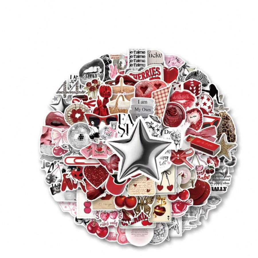 100Pcs Silver Red Lucky Y2K Aesthetic Stickers Red Cherry Theme Y2K ...