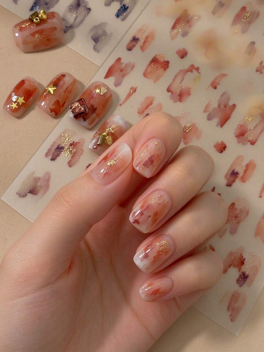 1 Sheet Autumn Winter Nail Stickers, Chinese Style Ink Wash Petal Nail Stickers, Orange Pink Blush Gradient Self-Adhesive Nail Decorations