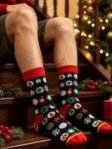 Kaos Kaki Pria Motif Natal yang Menyenangkan, Motif Kepingan Salju, Bola Warna-warni, Bintang, Jacquard, untuk Pesta Tahun Baru, Kaos Kaki Panjang - MultiWarna - View 2