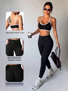 Conjunto deportivo de mujer con top de yoga sin costuras ajustado y leggings de cintura alta ajustados - Negro - Ver 1