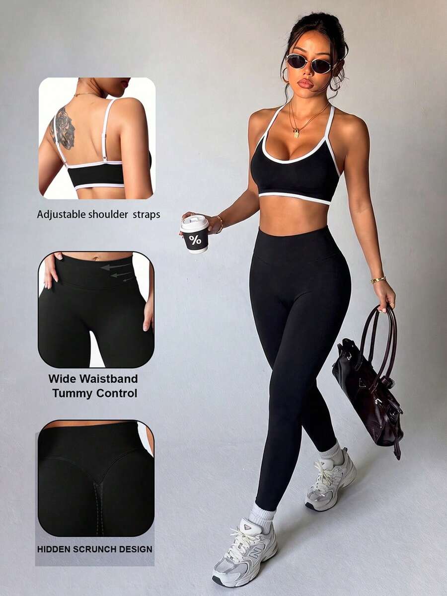 Conjunto deportivo de mujer con top de yoga sin costuras ajustado y leggings de cintura alta ajustados - Negro - Ver 1