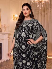 Women's Luxury Black Long Robe Dress, High Elasticity Arabic Style Outfit With Exquisite Embroidery, Perfect For Evening Occasions - Silver - View 4