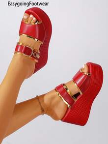Women's Red Open Toe Fashion Outdoor Metal Decor Platform Thick Sole Versatile Comfortable Wedge Sandals - Red - View 5