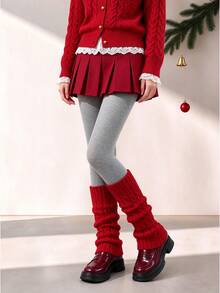 Christmas Thermal Lined 2pcs Set Light Gray Solid Color Thermal Lined Tights + Red Cable Knit Leg Warmers Autumn/Winter Warm Knit Leggings Set - Multicolor - View 8