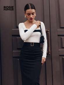 ROSIE POPHUB Women Black White Two Tone Square Neck Long Sleeve Midi Dress, Belted Ruched Pencil Dress Elegant Commute Christmas For Fall Winter - Black and White - View 1