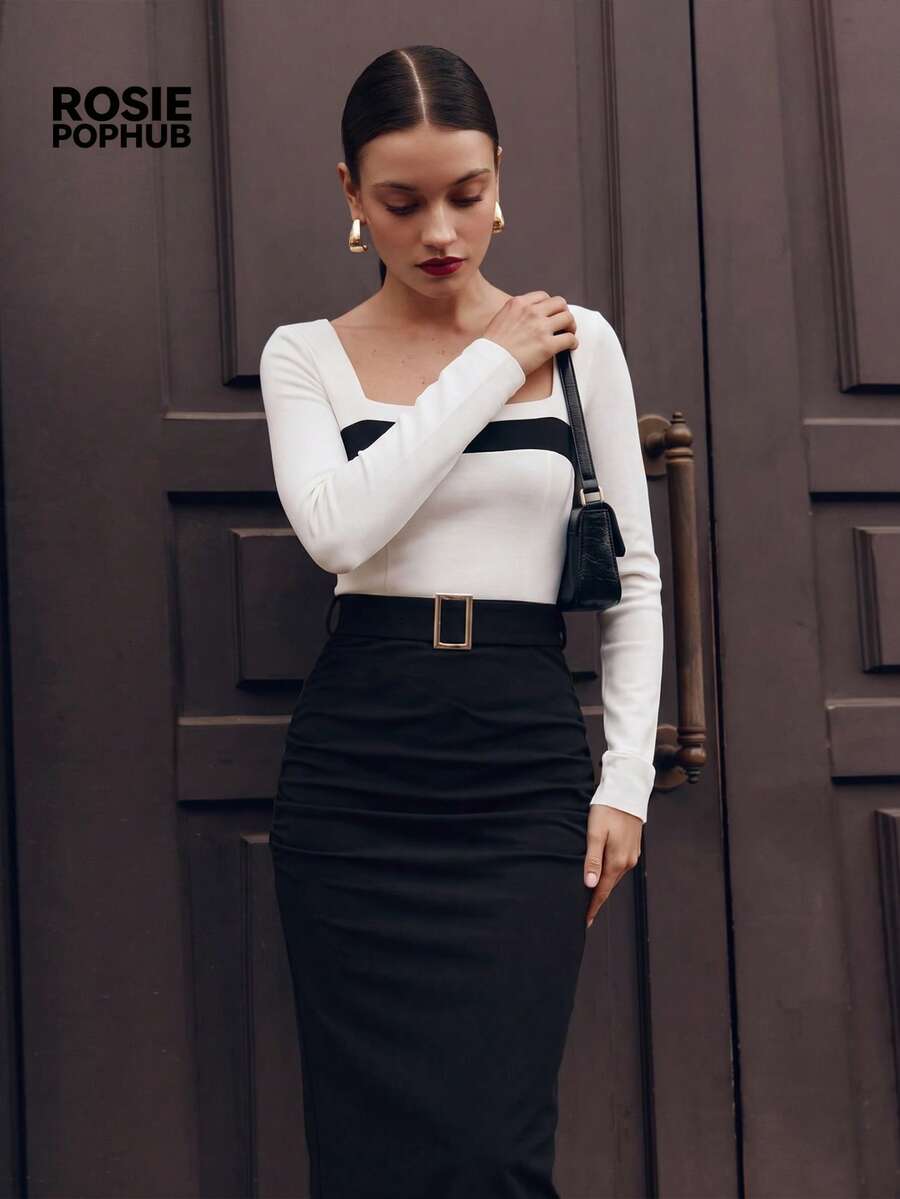 ROSIE POPHUB Women Black White Two Tone Square Neck Long Sleeve Midi Dress, Belted Ruched Pencil Dress Elegant Commute Christmas For Fall Winter - Black and White - View 1