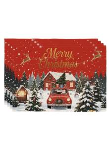 2 Pcs Merry Christmas Santa Red Car Placemats Snowy House Reindeer Snowman Print Heat Resistant Table Mats Farmhouse Xmas Dining Table Decor - Red - View 11