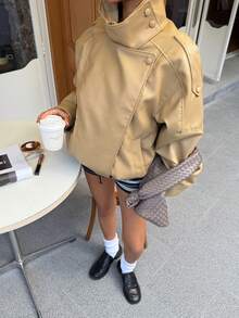DEEKA 春/秋新款女款寬鬆大碼歐美風時尚極簡百搭人造皮革夾克 - 卡其色 - 查看 4