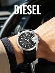 Diesel Men's Mega Chief Watch Silver-Tone Steel Case Black Leather Strap Analog Display Quartz Movement Date Function Industrial Design 100M - Black - View 3