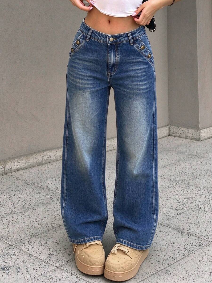 Women's Casual Straight Leg Jeans With Button And Zipper Details, Long Non-Stretch Fabric, Suitable For Daily Fashion Wear - Dark Wash - View 1