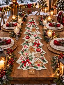 1pc Gingerbread Christmas Tree Linen Table Runner, Cute Gingerbread Man Candy Cane Peppermint Snowflake Print, Irregular Tree Shaped Dining Table Runner, Festive Farmhouse Kitchen Decor, Christmas Decorations For Home, Xmas Party, Holiday Table Decor - C - View 12