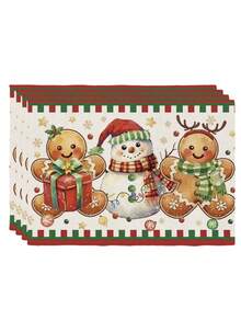 4 Pcs Christmas Gingerbread Man Snowman Placemats Gift Box Snowflake Stripe Border Heat Resistant Table Mats Farmhouse Xmas Dining Table Decor - Red and White - View 11