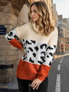 CILKOO Leopard Print Color Block Turtleneck Drop Shoulder Sweater - Multicolor - View 1