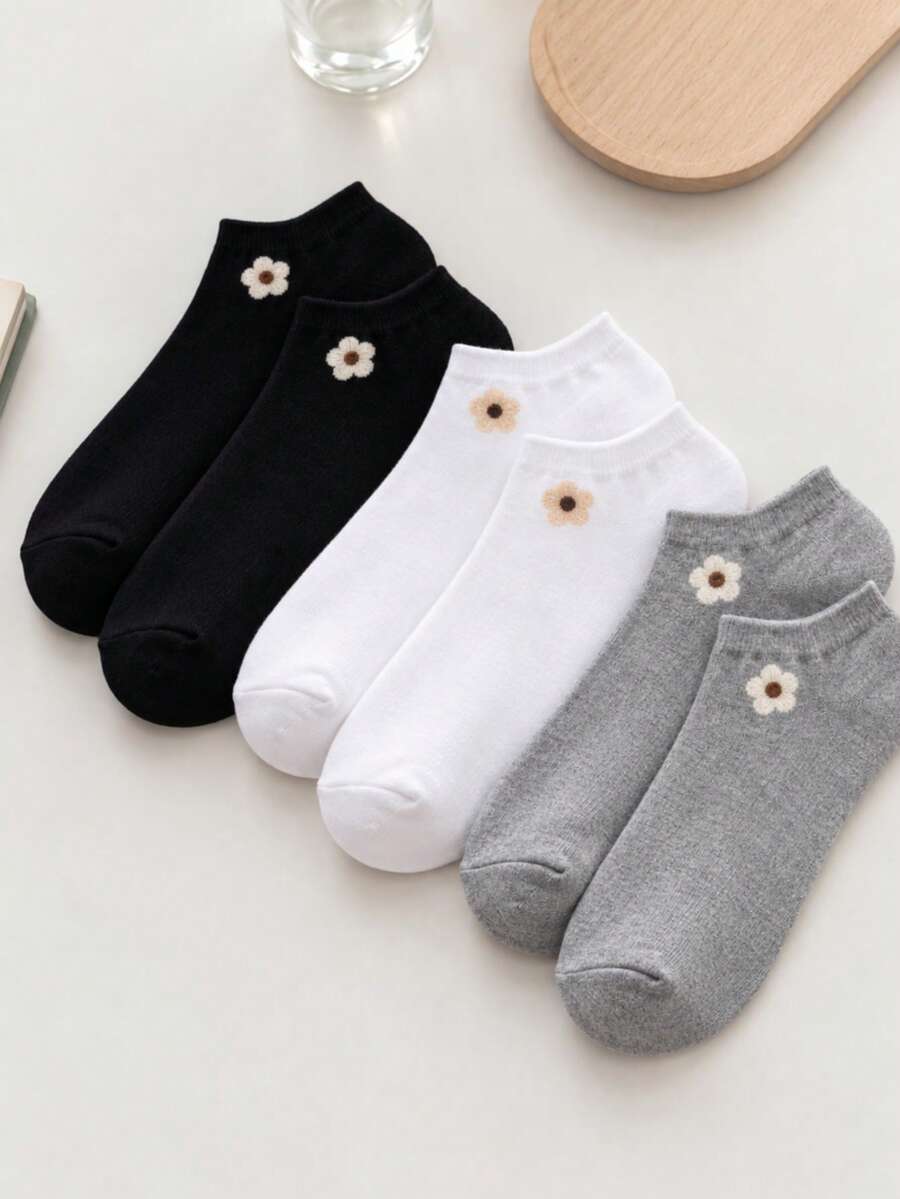 6 Pairs Black White Grey Petal Design Lightweight Spring Summer Style INS Fashion College Style Comfortable Soft Sweat-Absorbent Breathable Minimalist Versatile Suitable For Daily Wear Sports Casual And More Spring Summer Autumn All-Season Matching - Multicolor - View 1