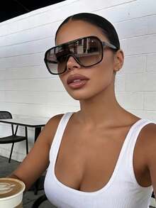 2000s Retro Style Unisex Oversized Single Lens Fashion Glasses, Suitable For Large Face Women, Essential UV Protection Sunglasses For Summer Vacation And Party - Multicolor - View 2