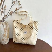 Korean Style Minimalist Polka Dot Shoulder Bag, Slouchy Student Commuter Large Capacity Tote Bag - White - View 2