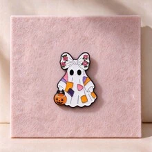 Glow In The Dark Ghost Enamel Pin, Halloween Patchwork Ghost Floral Bow Pumpkin Bucket Lapel Badge, Cute Ghost Brooch For Backpack Jacket,Lovely Gift - Multicolor - View 3