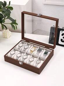 New Walnut Wooden Watch Display Storage Box, Multiple Styles Available: 3/5/6/10/12 Slots, Glass Lid With Window, Large Capacity Watch Collection Box, Home Office Display Case, Holiday Gift - Brown - View 13