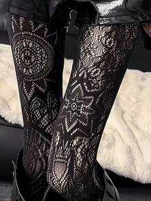 1 Pair Sun Mandala Pattern Fishnet Tights, Black Hollow Out Sexy Pantyhose - Black - View 4