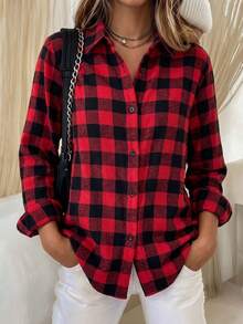 Women's Red Black Plaid Collared Long Sleeve Button Front Shirt Casual Home Office Work Daily Vintage Top Spring Summer Fall Winter - Red and Black - View 7
