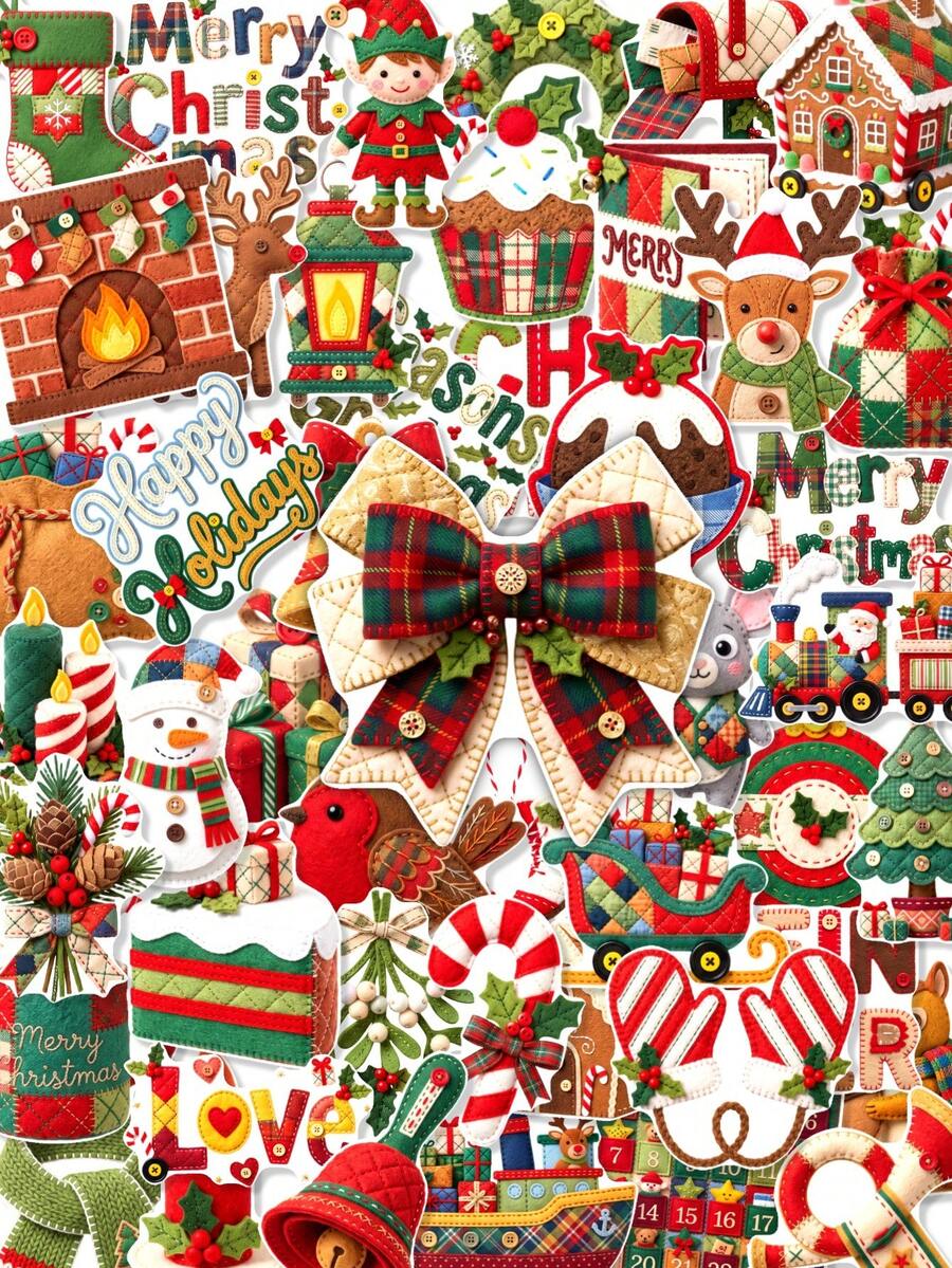 50Pcs Felt Style Christmas Stickers, Adorable Plaid Winter Holiday Xmas Element Decals, Scrapbook Journal Decorative Stickers, Cute Aesthetic Christmas Decor Stickers - Multicolor - View 1
