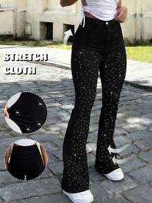 Women's Black High-Waisted Flare Jeans, Rhinestone Embellished Shiny Slim Fit Bootcut Denim Pants, Party Street Style - Black - View 2