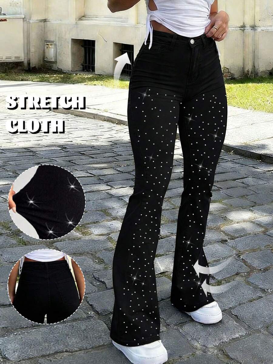 Women's Black High-Waisted Flare Jeans, Rhinestone Embellished Shiny Slim Fit Bootcut Denim Pants, Party Street Style