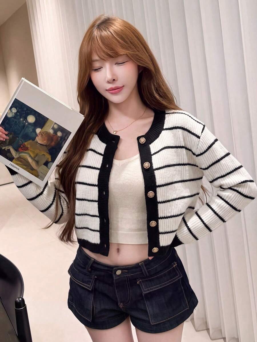 Women's Autumn/Winter Striped Drop Shoulder Long Sleeve Casual Single-Breasted Knit Cardigan - Black and White Stripes - View 1