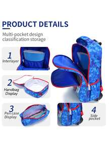 3pcs/Set Kids Rolling Travel Bag, Sky Blue Cartoon Soccer Pattern Student Backpack, Includes Tote Bag And Pencil Case, Reflective At Night - Blue - View 9