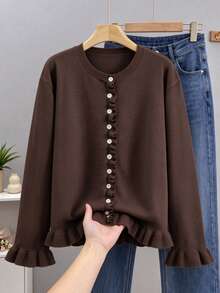 Plus Size 1XL-4XL Autumn/Winter New Solid Color Minimalist V-Neck Long Sleeve Women's Knit Cardigan, Versatile Casual Sweater Jacket - Coffee - View 2