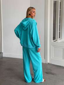 Omen Solid Zip Up Hooded Sweatshirt & Drawstring Wide Leg Sweatpants 2 Pieces Outfit, Casual Loose Tracksuit Set - Mint Blue - View 3