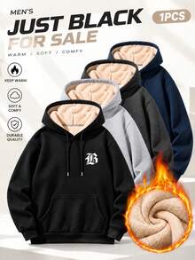Casual Street Hooded Sweatshirt, Solid Color With Fleece Lining, Loose Fit, Suitable For Everyday Wear, - Black - View 1