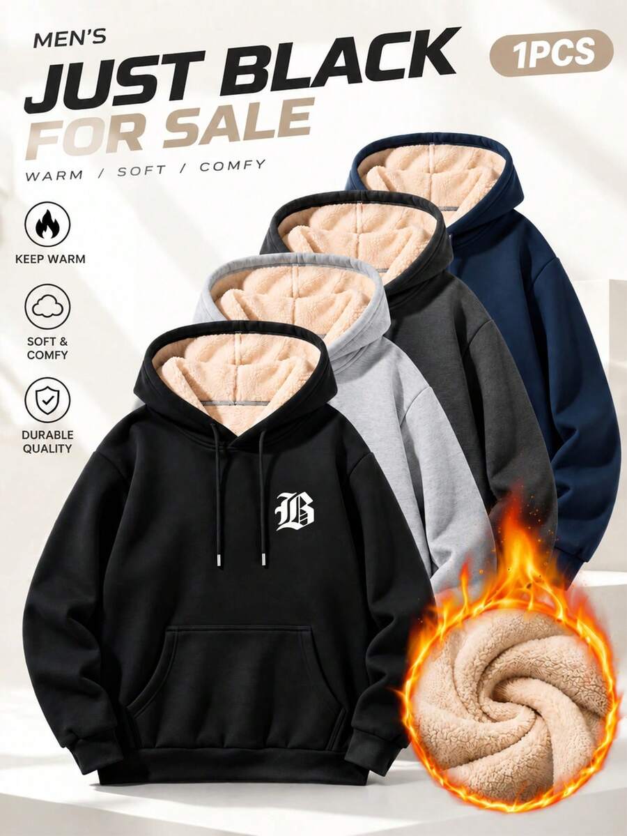 Casual Street Hooded Sweatshirt, Solid Color With Fleece Lining, Loose Fit, Suitable For Everyday Wear, - Black - View 1
