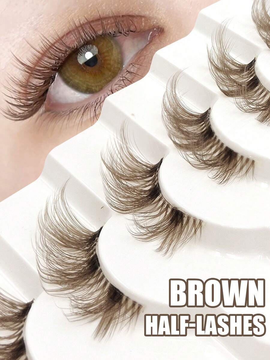 7 Pairs Mocha Brown Half-Strip Lashes, Transparent Stem, Natural Fluffy ...