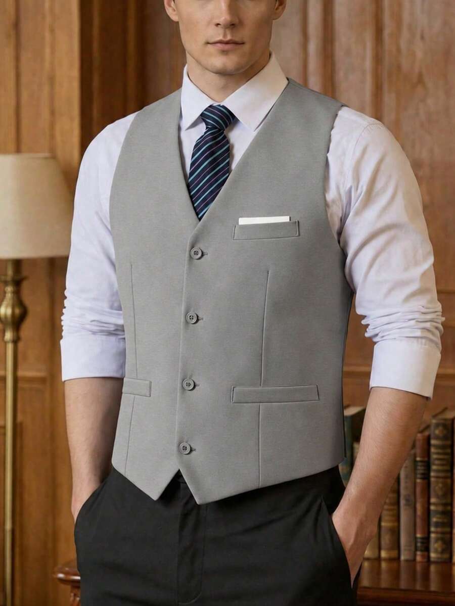 Men's Formal Suit Vest, Large Pockets, Solid Color, Suitable For Business, Party, Wedding, Light Gray, XS-XXXL - Light Grey - View 1
