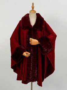 1pc Solid Color Fur Collar Loose Knit Cardigan Shawl Cape Outerwear - Multicolor - View 7