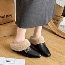 Vintage Square Toe Plush Women's Shoes With Thick Fleece Lining, Buckle Decor, Comfortable Flat Sole Warm Shoes - Black - View 3