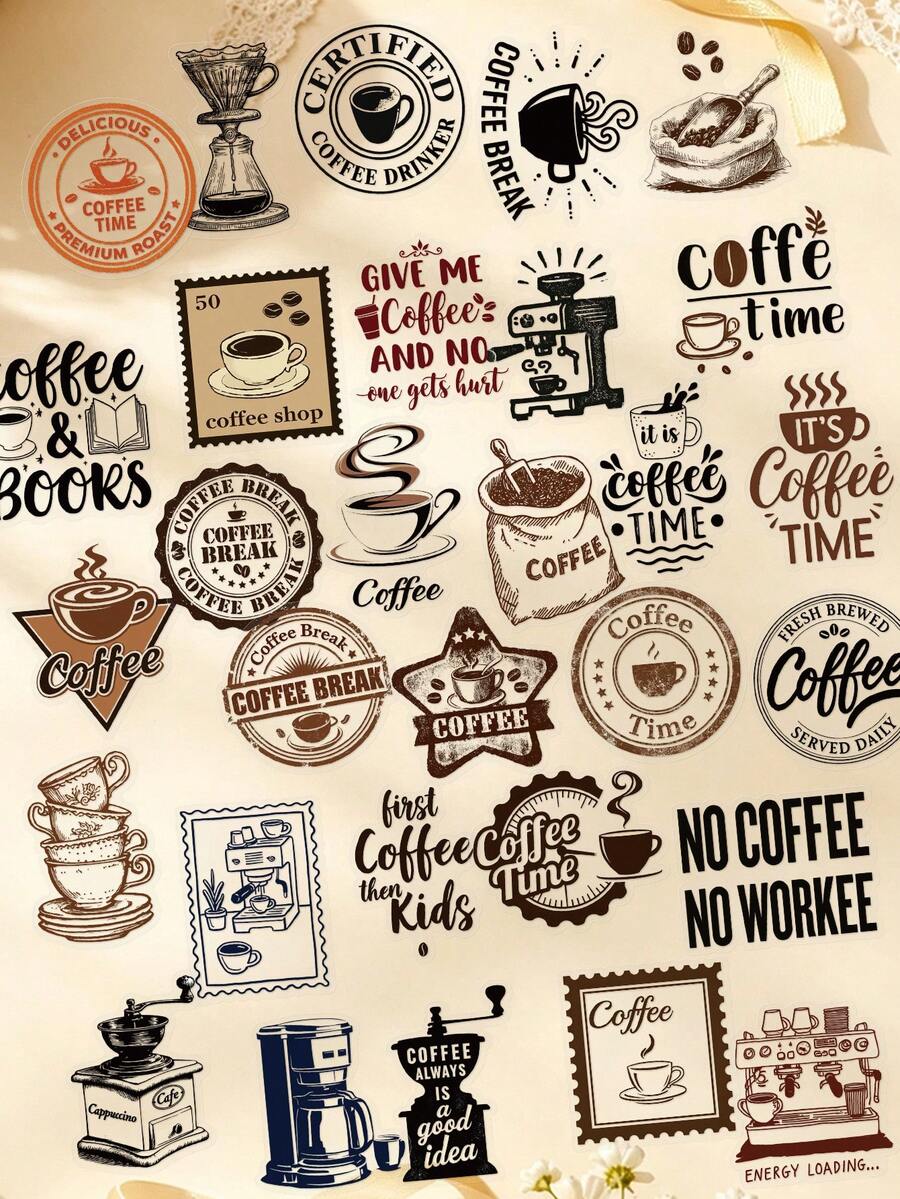 50pcs Line Coffee Stickers For Planner, Journal, Notebook, Tablet ...