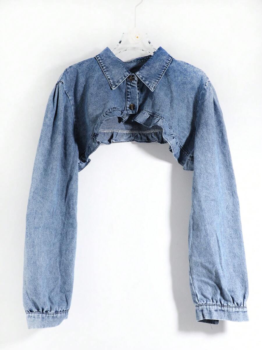 1pc Women's Sweet & Cool Floral Textured Washed Distressed Shawl Waist-Exposing Ruffle Hem Shirt-Style Cardigan Cape - Solid Color Raglan Denim - View 1