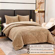 Striped Sherpa Comforter With Knitted Texture, Thick Soft Polyester Bedding Set, Thermal Quilt For Bedroom, Available In 220x240cm And 240x260cm - Dark Khaki - View 6