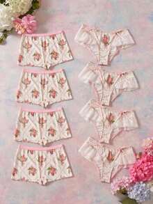 Elorette 8/4/3/1pc Low Waist Floral Romantic Pastoral Fairy Lace Patchwork Ruffle Edge Knit Jacquard Skin-Friendly Comfortable Bow Knot Undies - Baby Pink - View 22