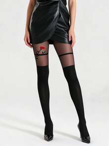 A Pair Of Women's Red Rose Design Jacquard Tights, Fashion Color Translucent Thigh Socks Pantyhose Daily Office Commuting Leisure Everything - Black - View 6