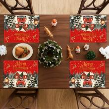 2 Pcs Merry Christmas Santa Red Car Placemats Snowy House Reindeer Snowman Print Heat Resistant Table Mats Farmhouse Xmas Dining Table Decor - Red - View 9