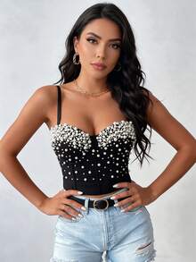 Handmade Faux Pearl Versatile Backless Camisole Top, Fashionable Resort Style Casual Black Summer - Black - View 2