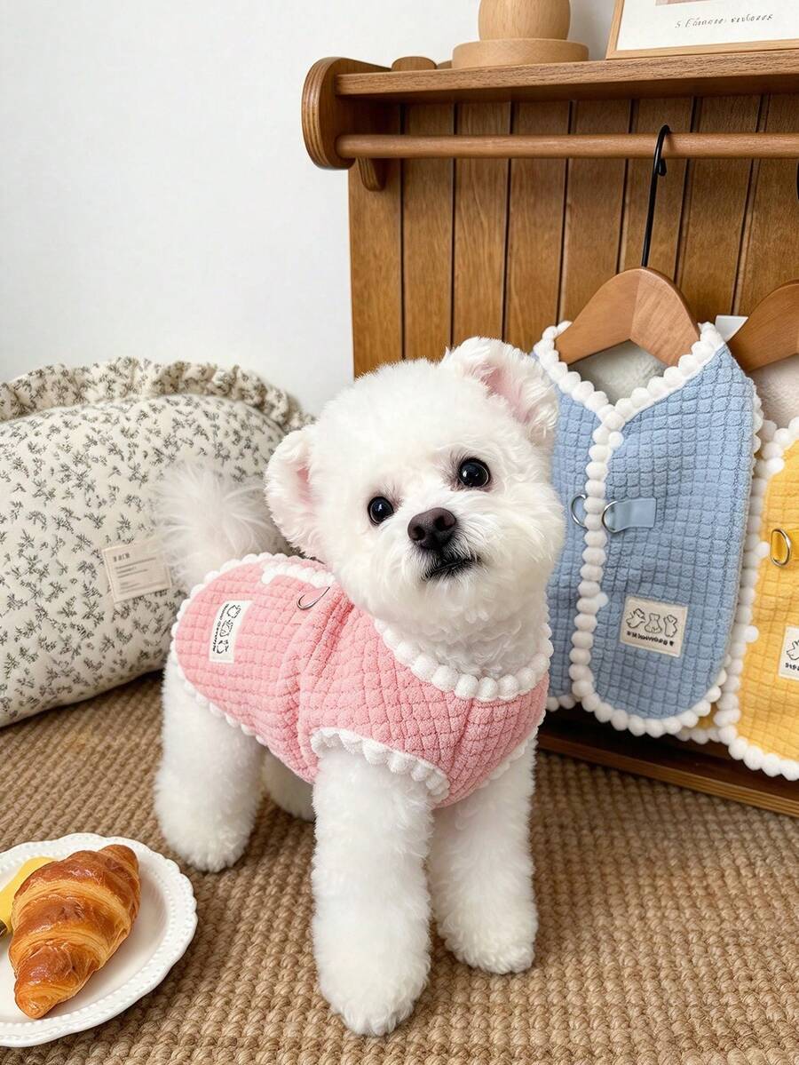 Pet Winter Fleece Vest Jacket, Dog Cat Warm Plaid Sleeveless Jacket, Cute Pom Pom Trim Puppy Kitten Cold Weather Outfit, Suitable For Small And Medium Dogs And Cats, With D-Ring For Convenient Outdoor Walks